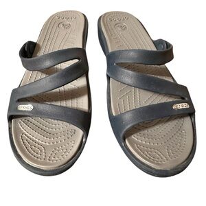 CROCS Patricia Wedge Dark Blue Navy Strappy Slide Sandals Casual Comfy